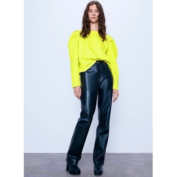 NWT ZARA 80s 90s Neon Long Puffed Sleeve Studded Shoulder Pullover Sweater S - Picture 1 of 7